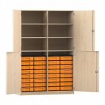 Flexeo Schrank, 32 kleine Boxen, 6 Fächer, Mittelwand, 4 Halbtüren Ahorn honig mit Boxen gelb (Zoom)