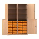 Flexeo Schrank, 32 kleine Boxen, 6 Fächer, Mittelwand, 4 Halbtüren Buche hell mit Boxen gelb (Zoom)