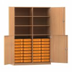 Flexeo Schrank, 32 kleine Boxen, 6 Fächer, Mittelwand, 4 Halbtüren Buche dunkel mit Boxen gelb (Zoom)