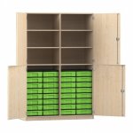 Flexeo Schrank, 32 kleine Boxen, 6 Fächer, Mittelwand, 4 Halbtüren Ahorn honig mit Boxen grün (Zoom)