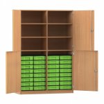 Flexeo Halbtürenschrank mit 32 kleinen Boxen und 4 Halbtüren Buche dunkel mit Boxen grün (Zoom)