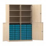 Flexeo Schrank, 32 kleine Boxen, 6 Fächer, Mittelwand, 4 Halbtüren Ahorn honig mit Boxen blau (Zoom)