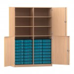 Flexeo Halbtürenschrank mit 32 kleinen Boxen und 4 Halbtüren Buche hell mit Boxen blau (Zoom)