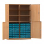 Flexeo Schrank, 32 kleine Boxen, 6 Fächer, Mittelwand, 4 Halbtüren Buche dunkel mit Boxen blau (Zoom)