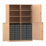 Flexeo Schrank, 32 kleine Boxen, 6 Fächer, Mittelwand, 4 Halbtüren Buche hell mit Boxen transparent (Zoom)