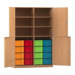 Flexeo Schrank, 16 große Boxen, 6 Fächer, Mittelwand, 4 Halbtüren Buche dunkel mit Boxen bunt (Zoom)