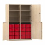 Flexeo Schrank, 16 große Boxen, 6 Fächer, Mittelwand, 4 Halbtüren Ahorn honig mit Boxen rot (Zoom)