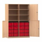 Flexeo Halbtürenschrank mit 16 großen Boxen und 4 Halbtüren Buche hell mit Boxen rot (Zoom)