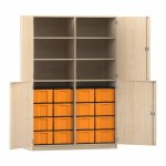 Flexeo Schrank, 16 große Boxen, 6 Fächer, Mittelwand, 4 Halbtüren Ahorn honig mit Boxen gelb (Zoom)