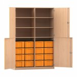 Flexeo Schrank, 16 große Boxen, 6 Fächer, Mittelwand, 4 Halbtüren Buche hell mit Boxen gelb (Zoom)