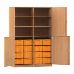 Flexeo Schrank, 16 große Boxen, 6 Fächer, Mittelwand, 4 Halbtüren Buche dunkel mit Boxen gelb (Zoom)