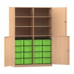 Flexeo Schrank, 16 große Boxen, 6 Fächer, Mittelwand, 4 Halbtüren Buche hell mit Boxen grün (Zoom)
