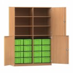 Flexeo Halbtürenschrank mit 16 großen Boxen und 4 Halbtüren Buche dunkel mit Boxen grün (Zoom)