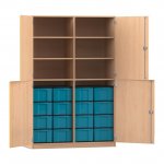 Flexeo Schrank, 16 große Boxen, 6 Fächer, Mittelwand, 4 Halbtüren Buche hell mit Boxen blau (Zoom)