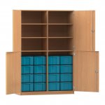 Flexeo Halbtürenschrank mit 16 großen Boxen und 4 Halbtüren Buche dunkel mit Boxen blau (Zoom)
