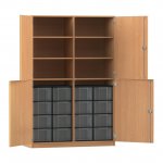 Flexeo Halbtürenschrank mit 16 großen Boxen und 4 Halbtüren Buche dunkel mit Boxen transparent (Zoom)