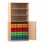 Flexeo Schrank, 24 kleine Boxen, 3 Fächer, 2 Halbtüren Buche hell mit Boxen bunt (Zoom)