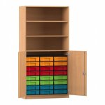 Flexeo Schrank, 24 kleine Boxen, 3 Fächer, 2 Halbtüren Buche dunkel mit Boxen bunt (Zoom)