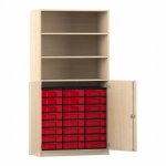 Flexeo Schrank, 24 kleine Boxen, 3 Fächer, 2 Halbtüren Ahorn honig mit Boxen rot (Zoom)