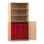 Flexeo Schrank, 24 kleine Boxen, 3 Fächer, 2 Halbtüren Buche hell mit Boxen rot (Zoom)
