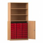 Flexeo Schrank, 24 kleine Boxen, 3 Fächer, 2 Halbtüren Buche dunkel mit Boxen rot (Zoom)