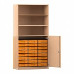 Flexeo Schrank, 24 kleine Boxen, 3 Fächer, 2 Halbtüren Buche hell mit Boxen gelb (Zoom)