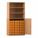 Flexeo Schrank, 24 kleine Boxen, 3 Fächer, 2 Halbtüren Buche dunkel mit Boxen gelb (Zoom)