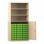 Flexeo Schrank, 24 kleine Boxen, 3 Fächer, 2 Halbtüren Ahorn honig mit Boxen grün (Zoom)