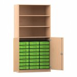 Flexeo Schrank, 24 kleine Boxen, 3 Fächer, 2 Halbtüren Buche hell mit Boxen grün (Zoom)