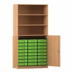 Flexeo Schrank, 24 kleine Boxen, 3 Fächer, 2 Halbtüren Buche dunkel mit Boxen grün (Zoom)
