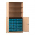 Flexeo Schrank, 24 kleine Boxen, 3 Fächer, 2 Halbtüren Buche hell mit Boxen blau (Zoom)