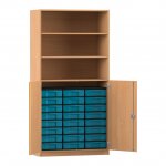 Flexeo Schrank, 24 kleine Boxen, 3 Fächer, 2 Halbtüren Buche dunkel mit Boxen blau (Zoom)