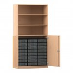 Flexeo Schrank, 24 kleine Boxen, 3 Fächer, 2 Halbtüren Buche hell mit Boxen transparent (Zoom)