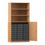 Flexeo Schrank, 24 kleine Boxen, 3 Fächer, 2 Halbtüren Buche dunkel mit Boxen transparent (Zoom)