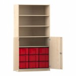 Flexeo Halbtürenschrank mit 9 großen Boxen und 2 Halbtüren Ahorn honig mit Boxen rot (Zoom)