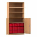 Flexeo Halbtürenschrank mit 9 großen Boxen und 2 Halbtüren Buche dunkel mit Boxen rot (Zoom)