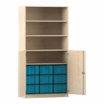 Flexeo Halbtürenschrank mit 9 großen Boxen und 2 Halbtüren Ahorn honig mit Boxen blau (Zoom)