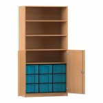 Flexeo Halbtürenschrank mit 9 großen Boxen und 2 Halbtüren Buche dunkel mit Boxen blau (Zoom)
