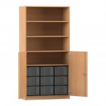 Flexeo Halbtürenschrank mit 9 großen Boxen und 2 Halbtüren Buche dunkel mit Boxen transparent (Zoom)