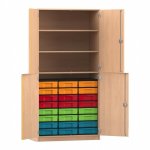 Flexeo Schrank, 24 kleine Boxen, 3 Fächer, 4 Halbtüren Buche hell mit Boxen bunt (Zoom)