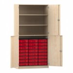 Flexeo Halbtürenschrank mit 24 kleinen Boxen und 4 Halbtüren Ahorn honig mit Boxen rot (Zoom)