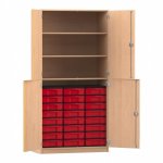 Flexeo Halbtürenschrank mit 24 kleinen Boxen und 4 Halbtüren Buche hell mit Boxen rot (Zoom)