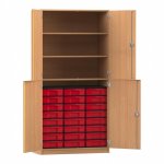 Flexeo Halbtürenschrank mit 24 kleinen Boxen und 4 Halbtüren Buche dunkel mit Boxen rot (Zoom)