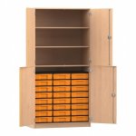 Flexeo Schrank, 24 kleine Boxen, 3 Fächer, 4 Halbtüren Buche hell mit Boxen gelb (Zoom)