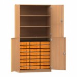 Flexeo Schrank, 24 kleine Boxen, 3 Fächer, 4 Halbtüren Buche dunkel mit Boxen gelb (Zoom)