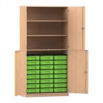 Flexeo Schrank, 24 kleine Boxen, 3 Fächer, 4 Halbtüren Buche hell mit Boxen grün (Zoom)