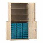 Flexeo Schrank, 24 kleine Boxen, 3 Fächer, 4 Halbtüren Ahorn honig mit Boxen blau (Zoom)