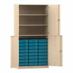 Flexeo Schrank, 24 kleine Boxen, 3 Fächer, 4 Halbtüren Ahorn honig mit Boxen blau (Zoom)