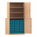 Flexeo Halbtürenschrank mit 24 kleinen Boxen und 4 Halbtüren Buche hell mit Boxen blau (Zoom)