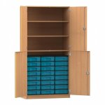 Flexeo Halbtürenschrank mit 24 kleinen Boxen und 4 Halbtüren Buche dunkel mit Boxen blau (Zoom)